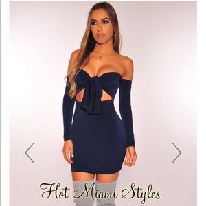 Hot Miami Styles Navy Tie Up Long Sleeves Dress